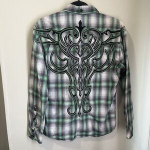 Roar Shirt Mens M Green Gray Plaid Slim Fit Embroidered Western Long Sleeve